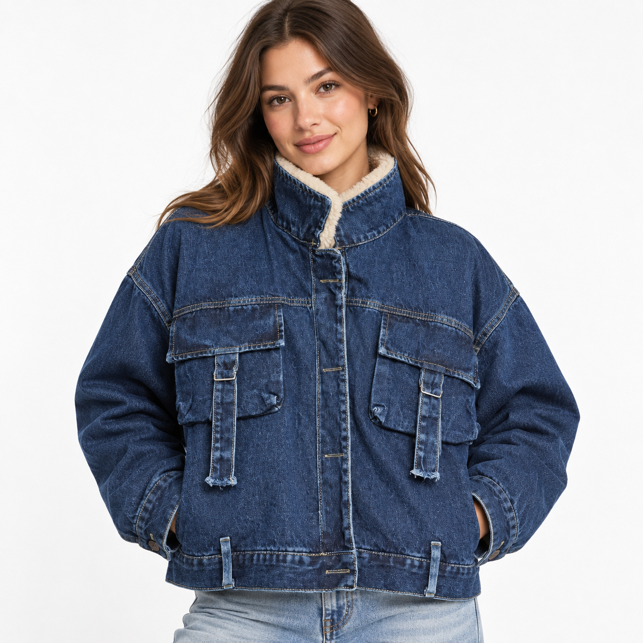 Campera de jean oscura con corderito