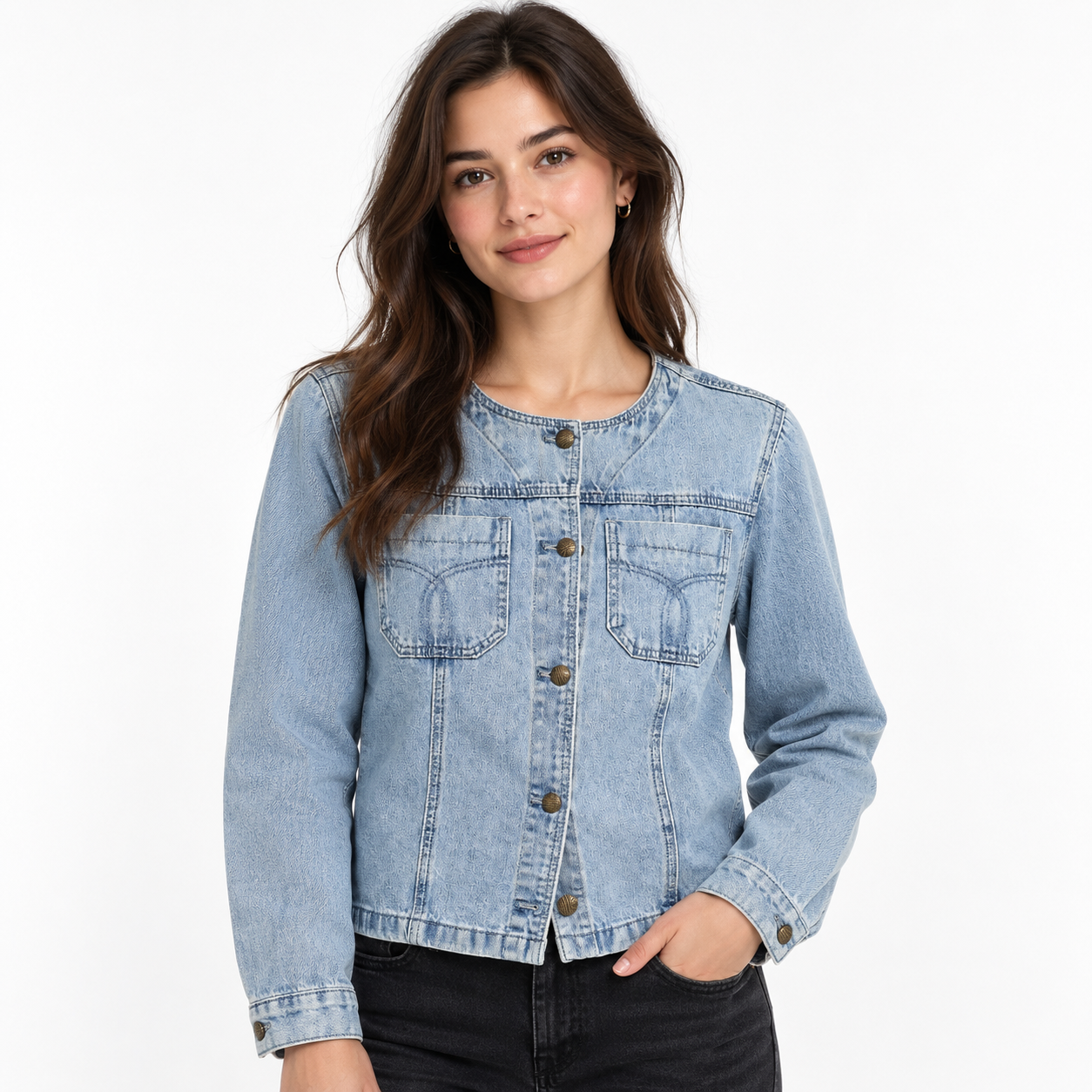 Chaqueta de jean con botones cuello redondo