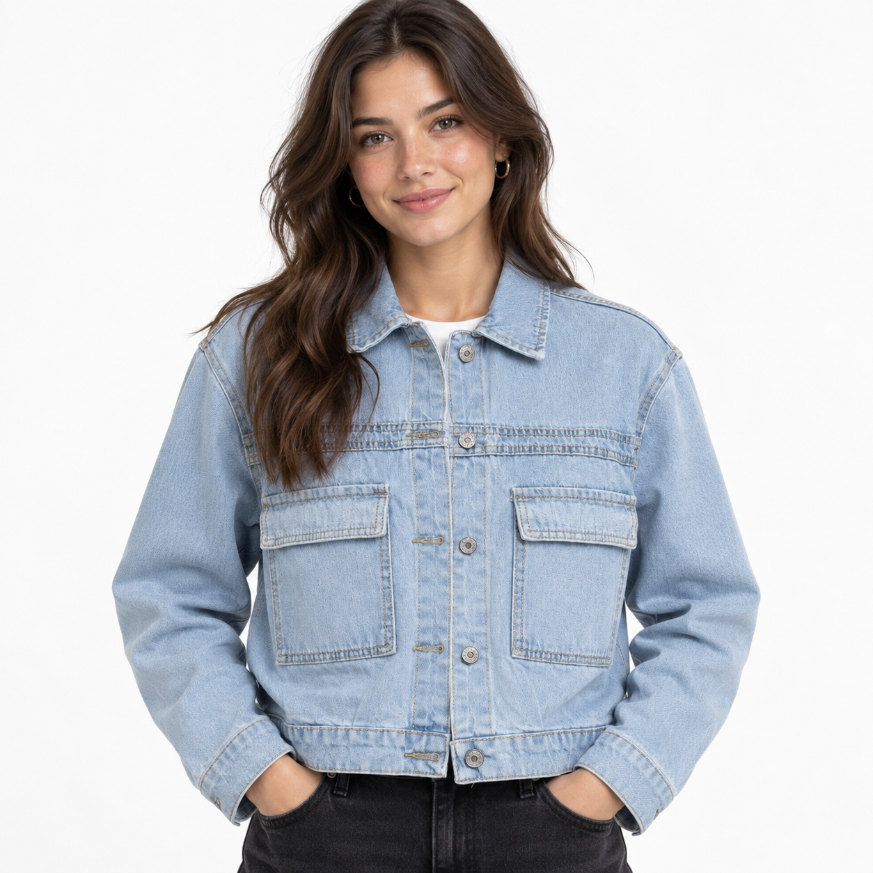 Campera de jean bolsillo frontal oso brillos